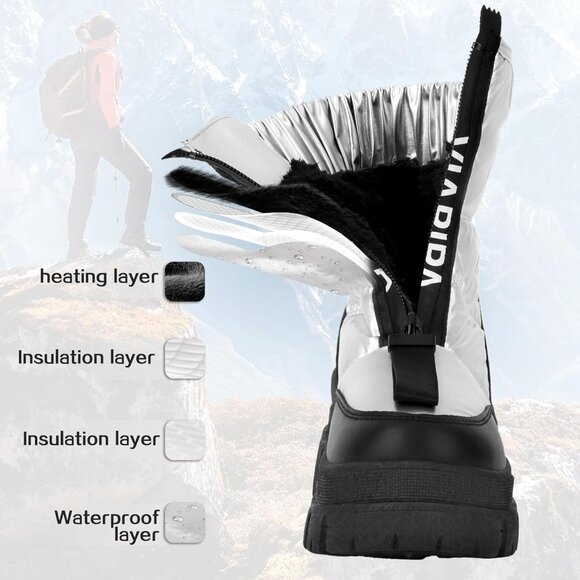 Women's Silver Waterproof Snow Boots Mid Calf Low Heel Anti-Slip Warm Booties - Picture 5 of 6